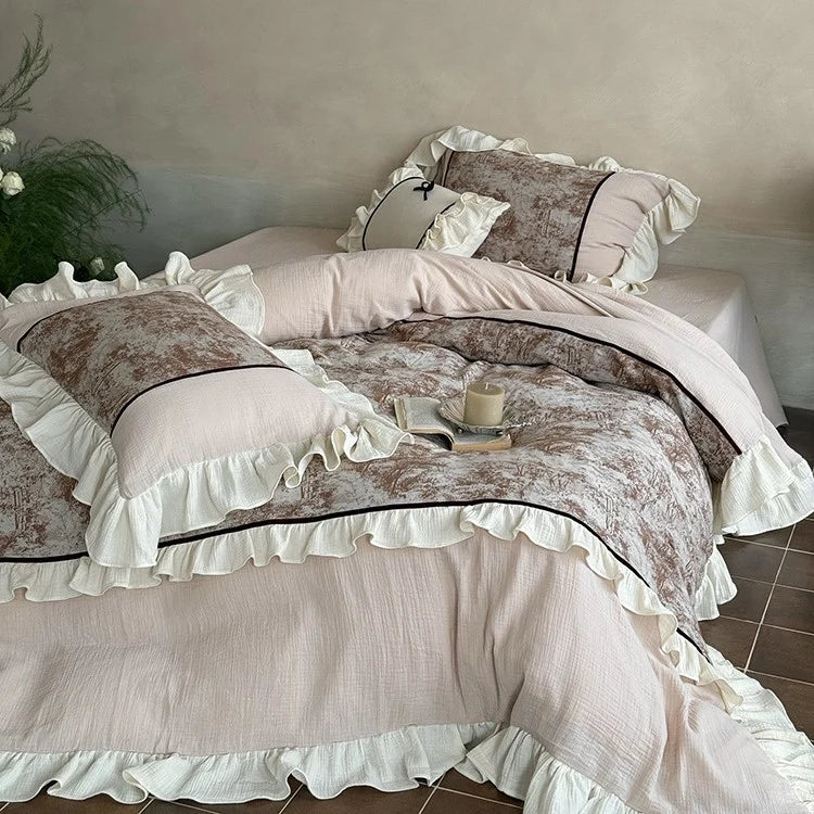 Bedding Set Cotton Gauze Breathable Velvet Ruffle & Contrast Piping