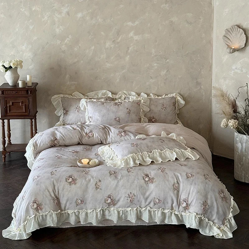 Bedding Set Cotton Gauze Watercolor Rose & Ruffle Trim