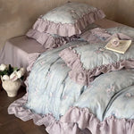 Bedding Set Cotton Gauze Watercolor Rose & Ruffle Trim