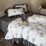 Bedding Set Cotton Gauze Watercolor Rose & Ruffle Trim