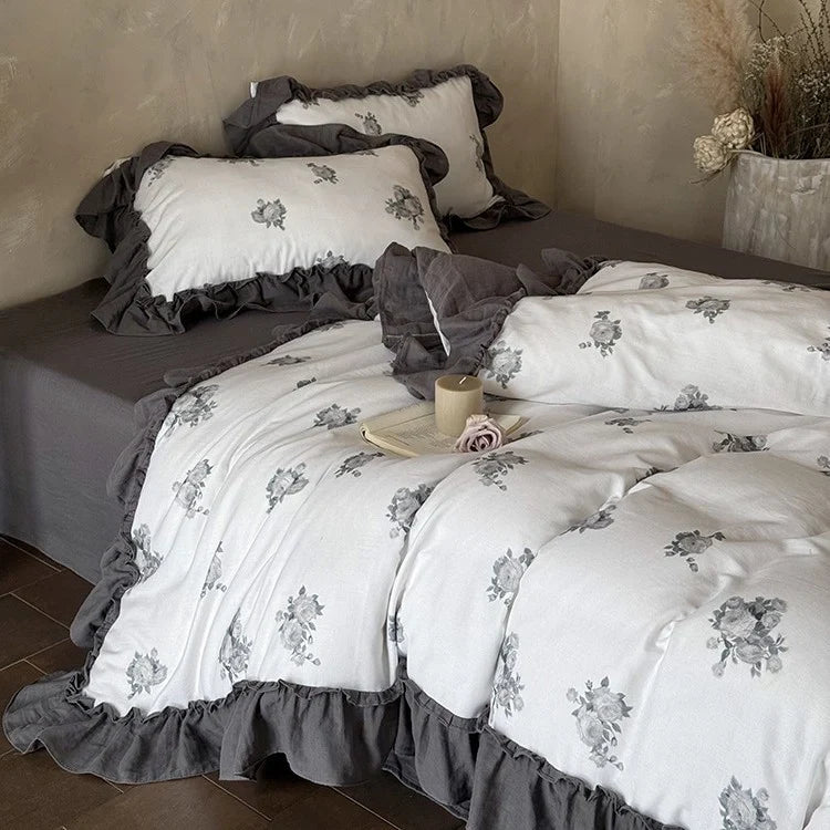 Bedding Set Cotton Gauze Watercolor Rose & Ruffle Trim
