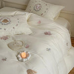 Bedding Set Cotton-Linen Blend Bunny Floral Embroidery Lace Trim