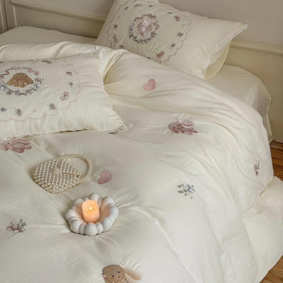 Bedding Set Cotton-Linen Blend Bunny Floral Embroidery Lace Trim