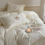 Bedding Set Cotton-Linen Blend Bunny Floral Embroidery Lace Trim