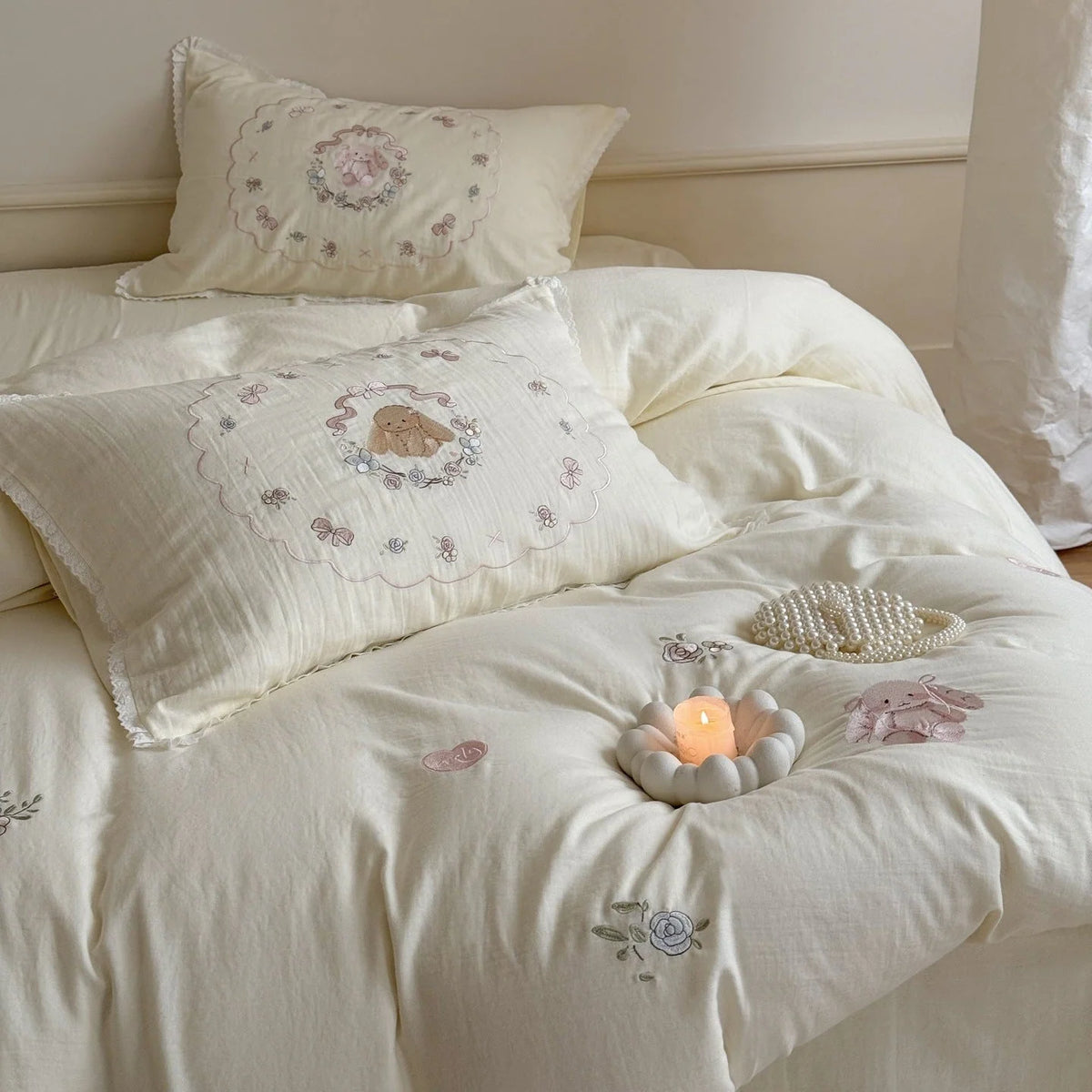 Bedding Set Cotton-Linen Blend Bunny Floral Embroidery Lace Trim