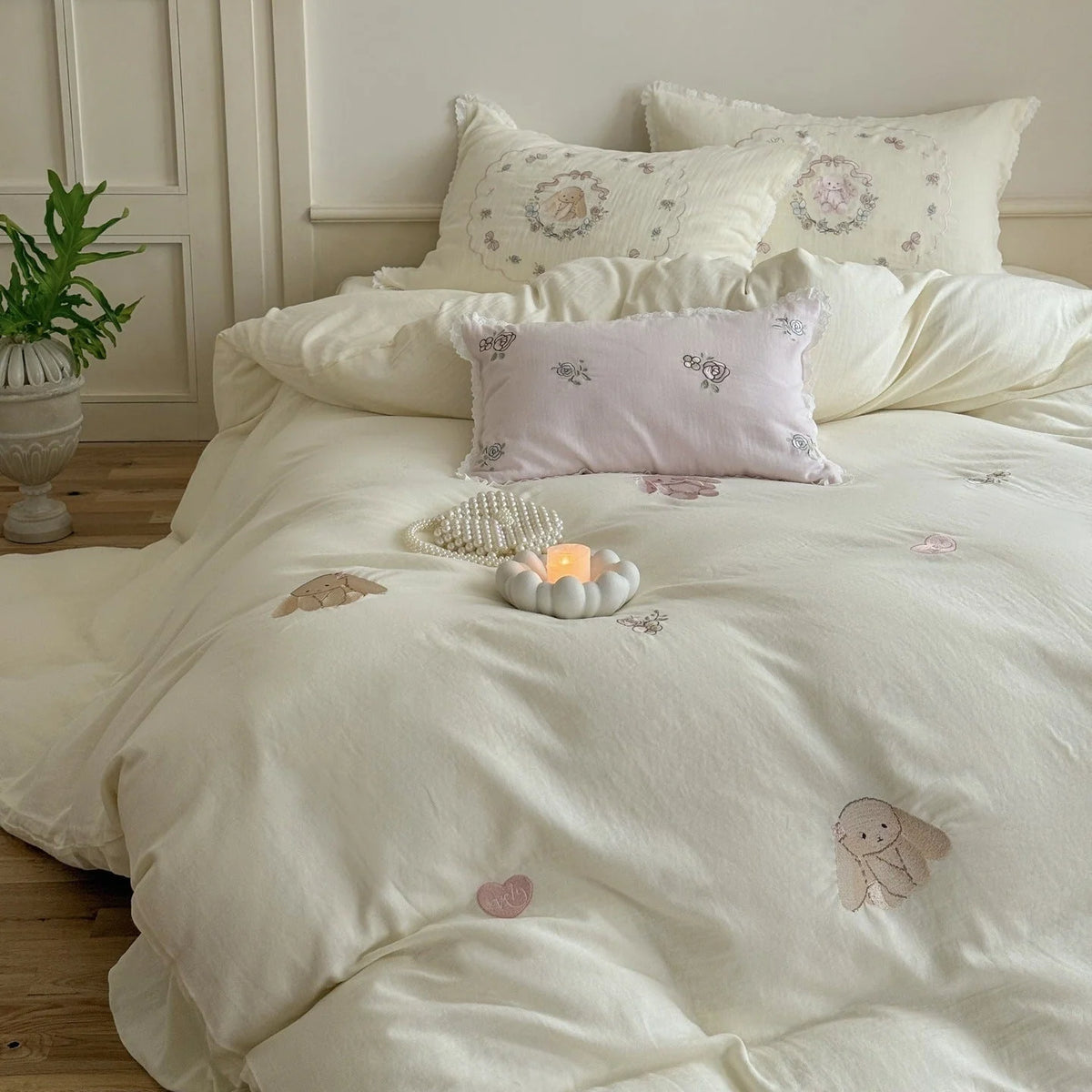 Bedding Set Cotton-Linen Blend Bunny Floral Embroidery Lace Trim