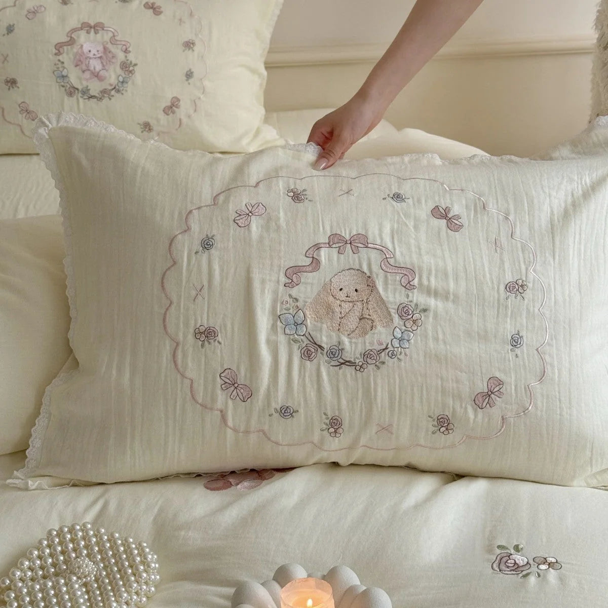 Bedding Set Cotton-Linen Blend Bunny Floral Embroidery Lace Trim