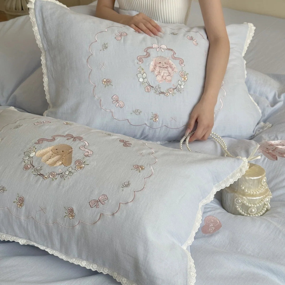 Bedding Set Cotton-Linen Blend Bunny Floral Embroidery Lace Trim