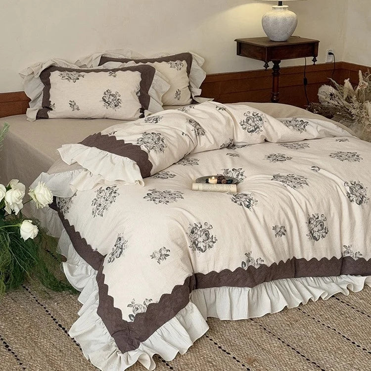 Bedding Set Cotton-Linen Blend Floral Medallion Frilled Bed Skirt