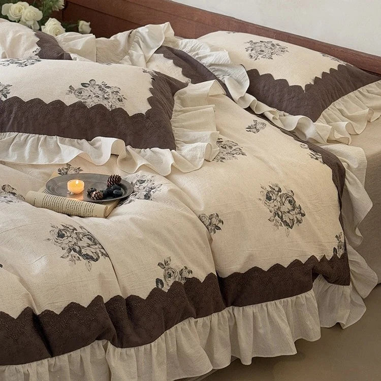 Bedding Set Cotton-Linen Blend Floral Medallion Frilled Bed Skirt