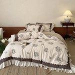 Bedding Set Cotton-Linen Blend Floral Medallion Frilled Bed Skirt