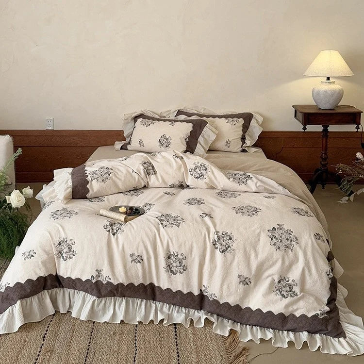Bedding Set Cotton-Linen Blend Floral Medallion Frilled Bed Skirt