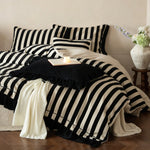Bedding Set Cotton-Linen Blend Striped Ruffle Hem 4-Piece