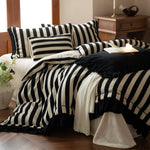 Bedding Set Cotton-Linen Blend Striped Ruffle Hem 4-Piece