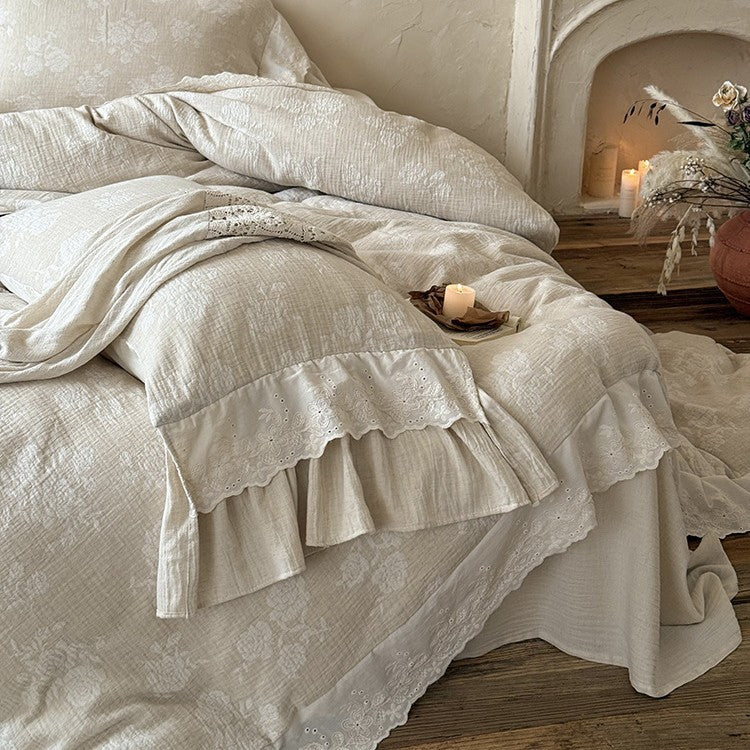 Bedding Set Cotton-Linen Broderie Anglaise & Ruffled 4-Piece