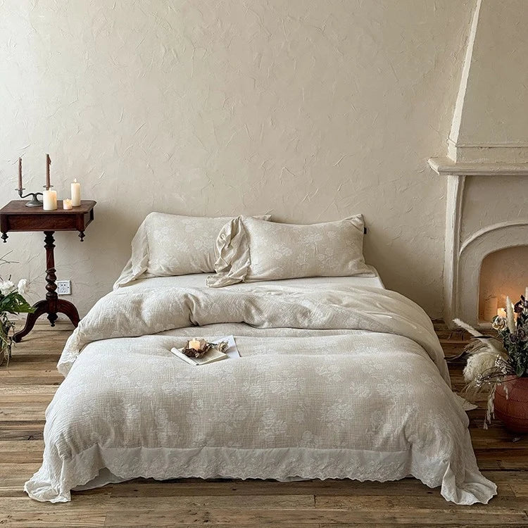 Bedding Set Cotton-Linen Broderie Anglaise & Ruffled 4-Piece