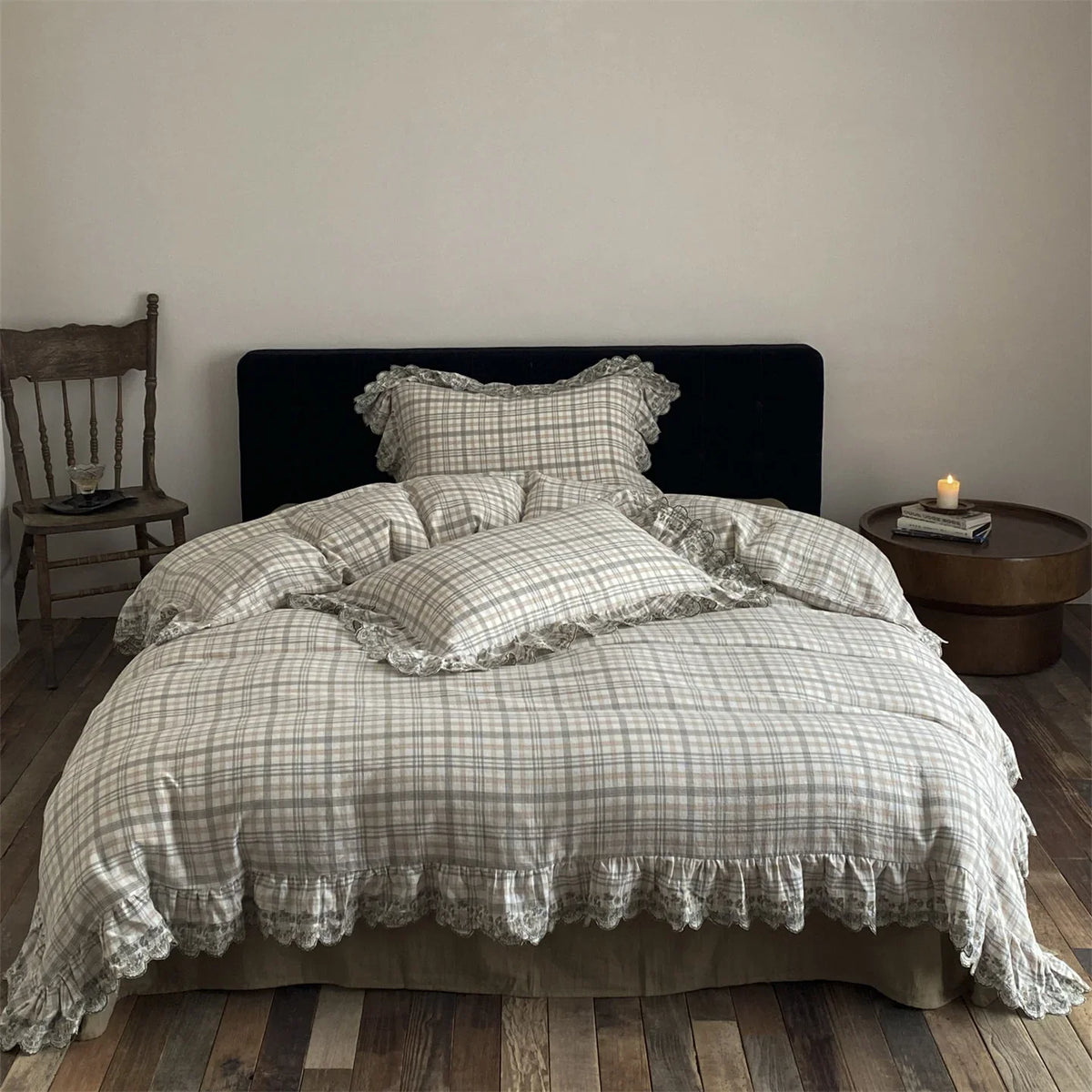Bedding Set Cotton-Linen Checkered & Lace Ruffles