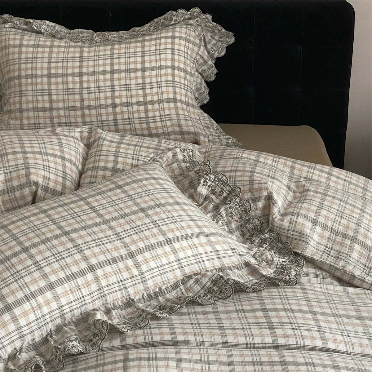 Bedding Set Cotton-Linen Checkered & Lace Ruffles