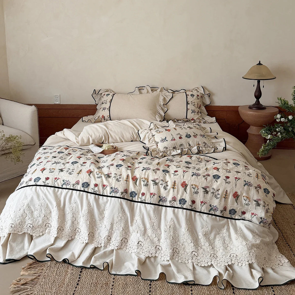 Bedding Set Cotton-Linen Embroidered Floral Ruffle Trim