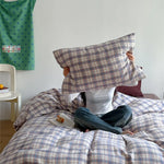 Bedding Set Cotton Muslin Breathable Pastel Check Pattern