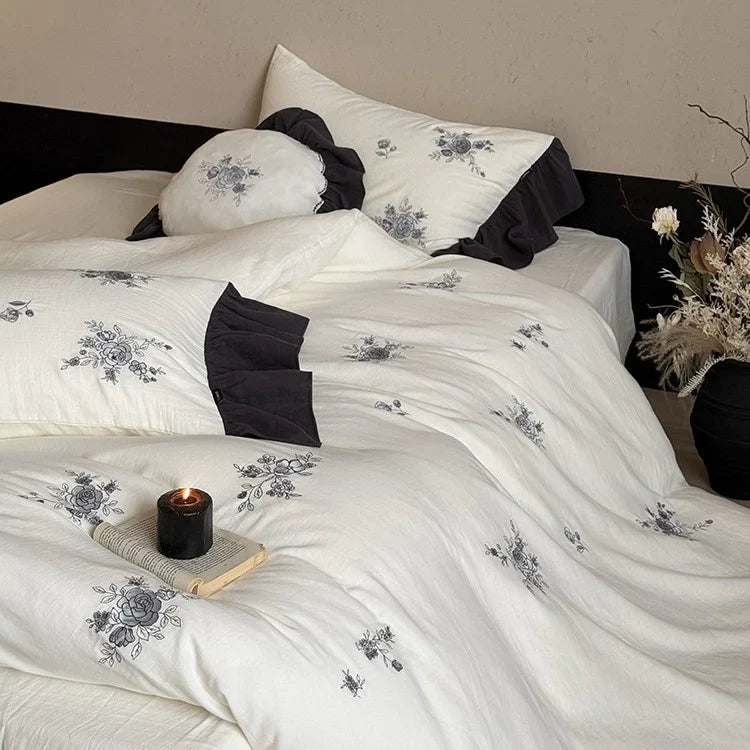 Bedding Set Cotton Muslin Hypoallergenic Embroidered Rose