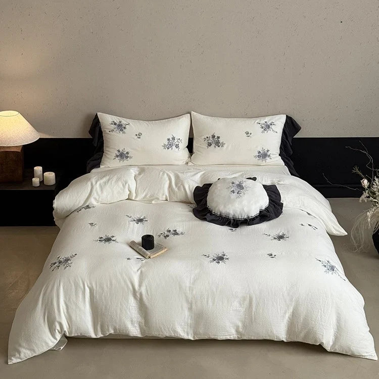 Bedding Set Cotton Muslin Hypoallergenic Embroidered Rose