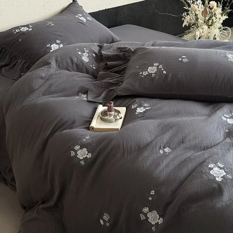 Bedding Set Cotton Muslin Hypoallergenic Embroidered Rose