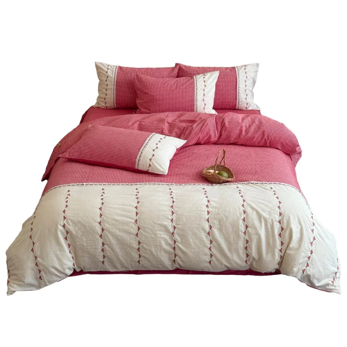 Bedding Set Cotton Muslin Vichy Check & Embroidered Border