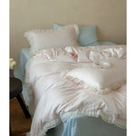 Bedding Set Cotton Percale Fine Stripe Ruffled Edges