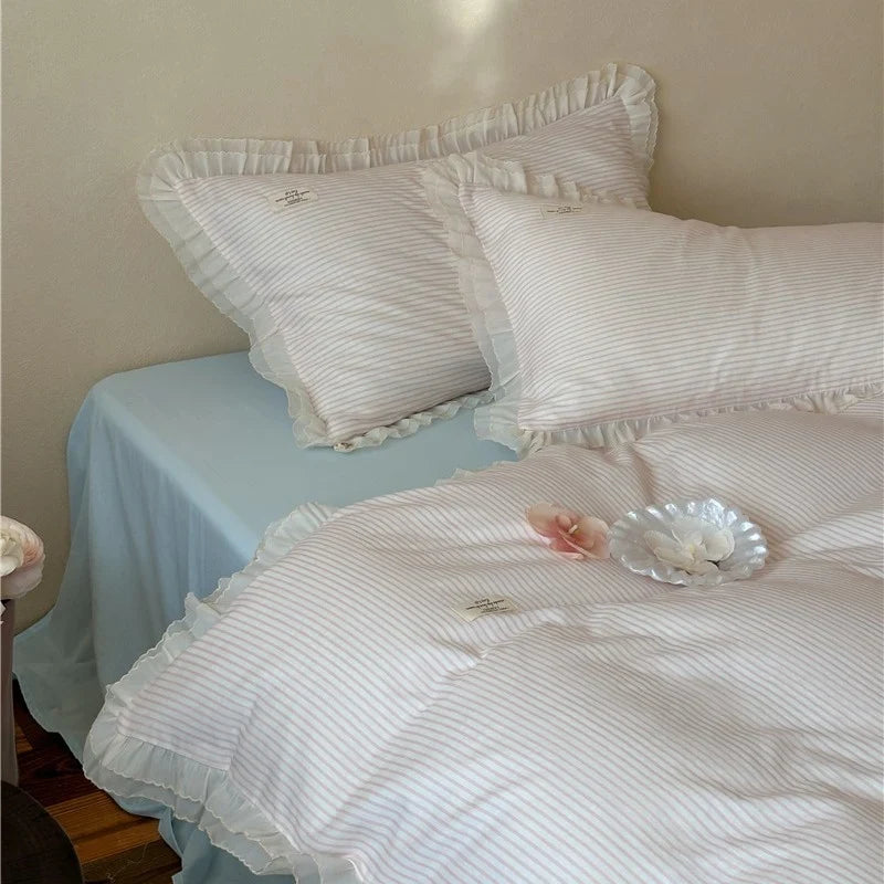 Bedding Set Cotton Percale Fine Stripe Ruffled Edges