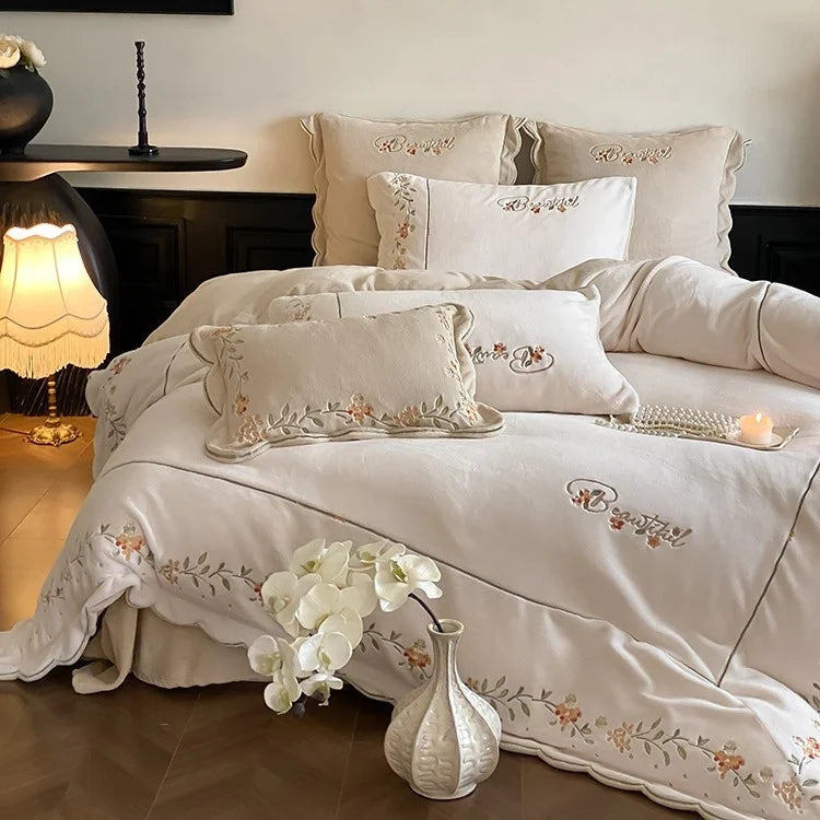 Bedding Set Cotton Percale Floral Embroidery 4-Piece