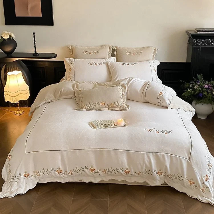 Bedding Set Cotton Percale Floral Embroidery 4-Piece