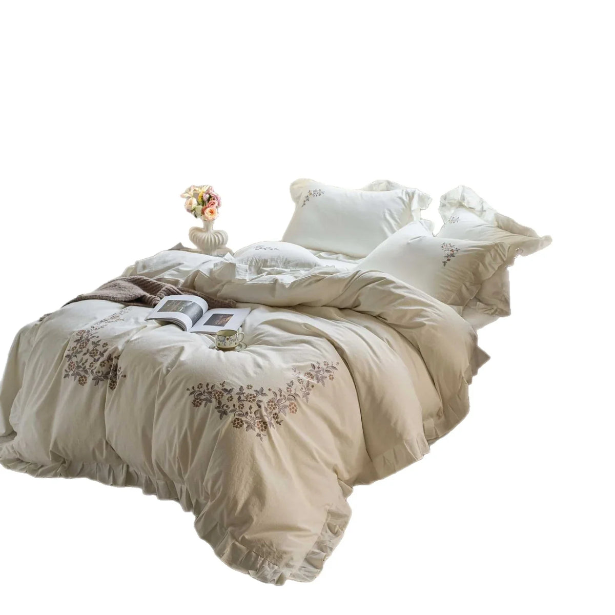 Bedding Set Cotton Percale Floral Embroidery & Ruffled Trim