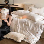 Bedding Set Cotton Percale Floral Embroidery Wavy Hem 4-Piece