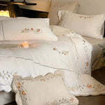 Bedding Set Cotton Percale Floral Embroidery Wavy Hem 4-Piece