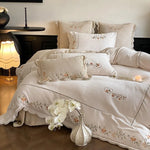 Bedding Set Cotton Percale Floral Embroidery Wavy Hem 4-Piece