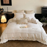 Bedding Set Cotton Percale Floral Embroidery Wavy Hem 4-Piece