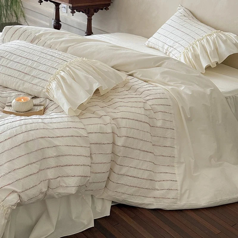 Bedding Set Cotton Percale Relief Embroidery Ruffled Bed Skirt