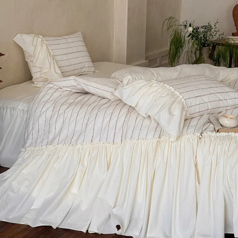 Bedding Set Cotton Percale Relief Embroidery Ruffled Bed Skirt