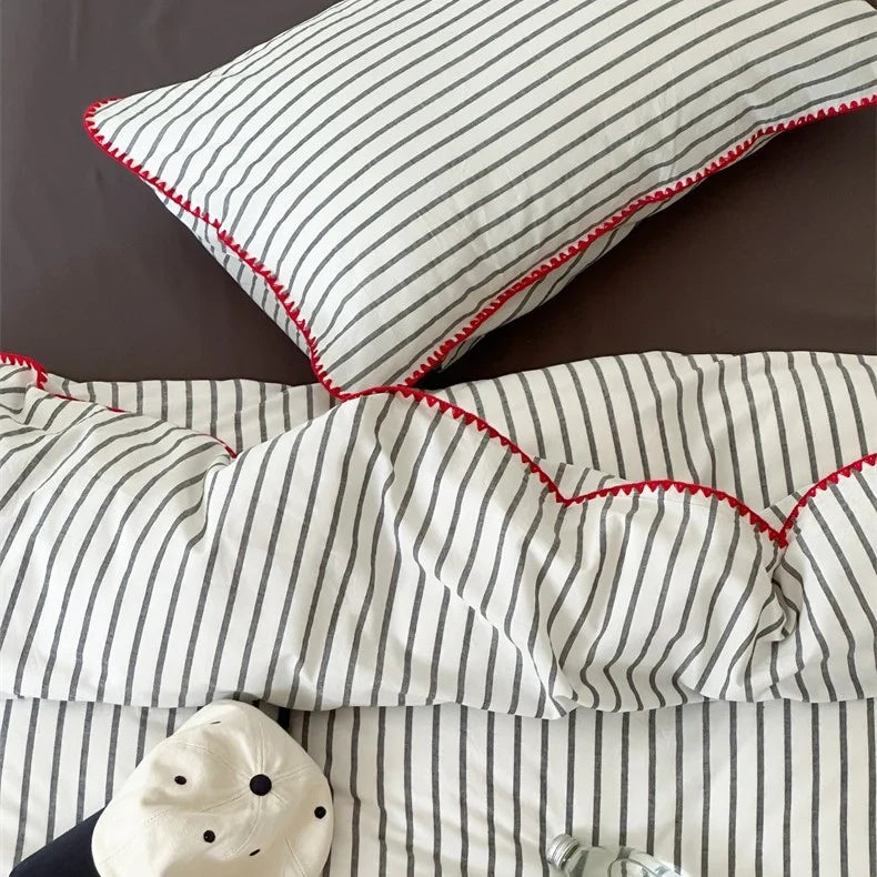 Bedding Set Cotton Percale Striped Decorative Piping