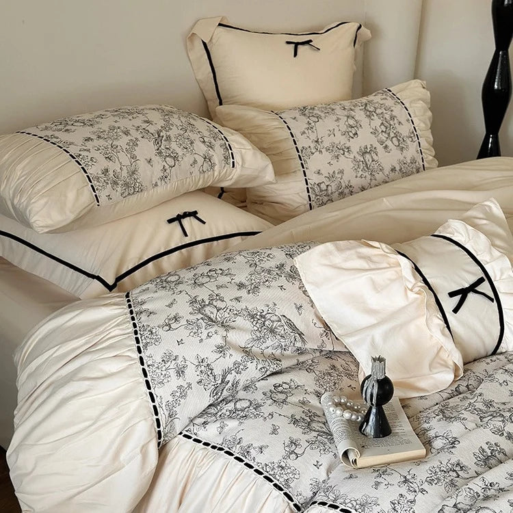 Bedding Set Cotton Percale Toile Print Ruffle Trim