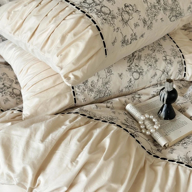 Bedding Set Cotton Percale Toile Print Ruffle Trim