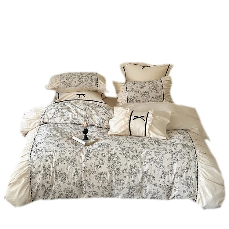 Bedding Set Cotton Percale Toile Print Ruffle Trim