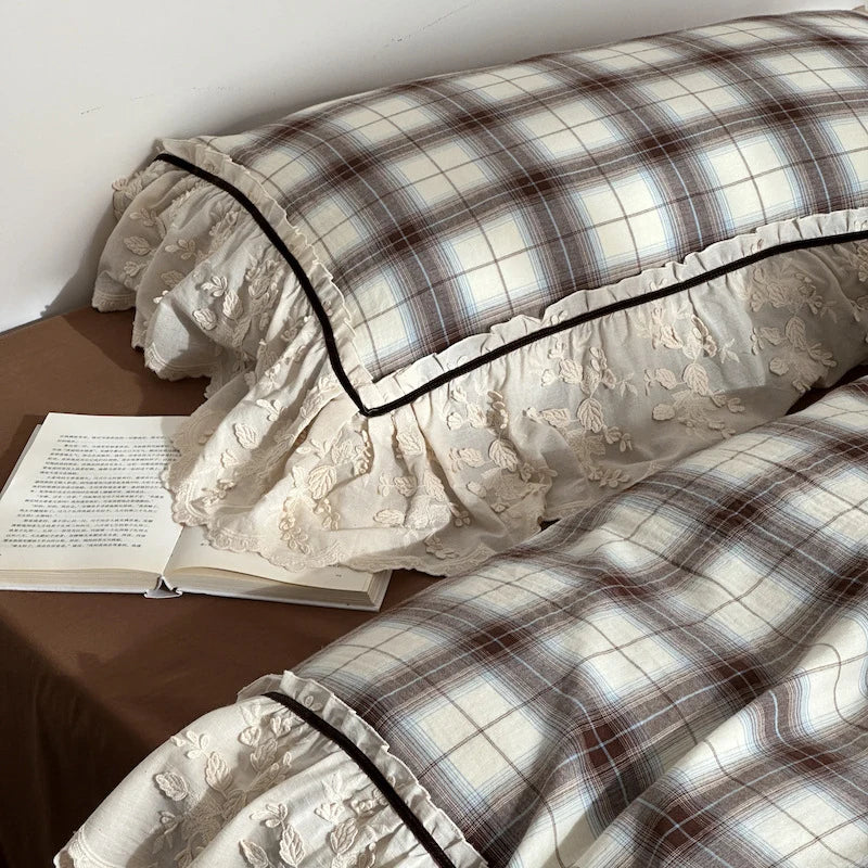 Bedding Set Cotton Percale Vintage Check Embroidered Ruffle