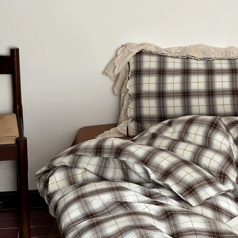 Bedding Set Cotton Percale Vintage Check Embroidered Ruffle