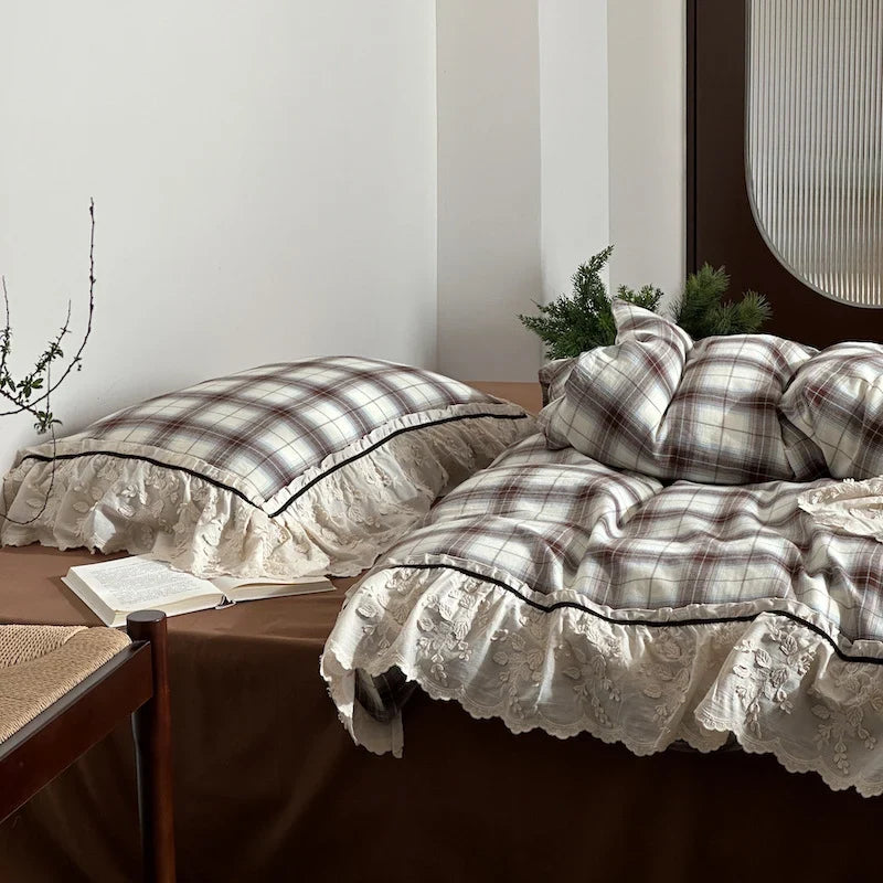 Bedding Set Cotton Percale Vintage Check Embroidered Ruffle