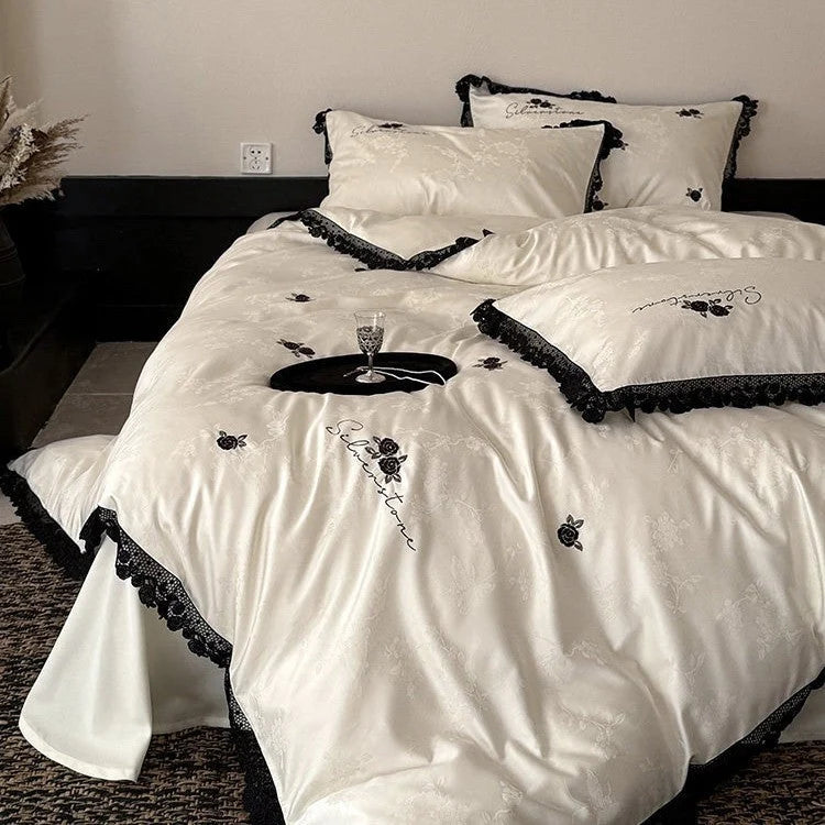 Bedding Set Cotton Satin Black Lace Embroidered Roses 4-Piece Set