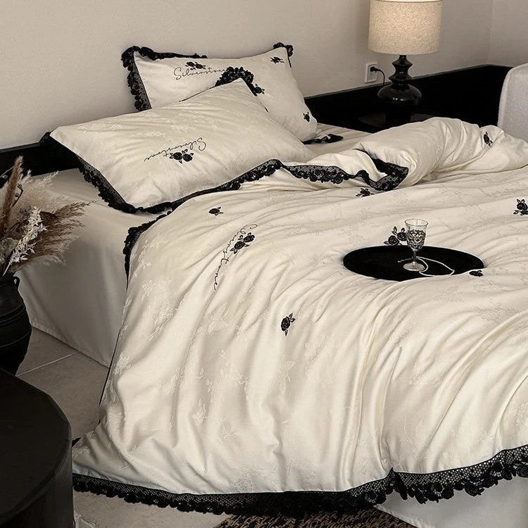 Bedding Set Cotton Satin Black Lace Embroidered Roses 4-Piece Set