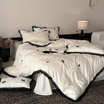 Bedding Set Cotton Satin Black Lace Embroidered Roses 4-Piece Set