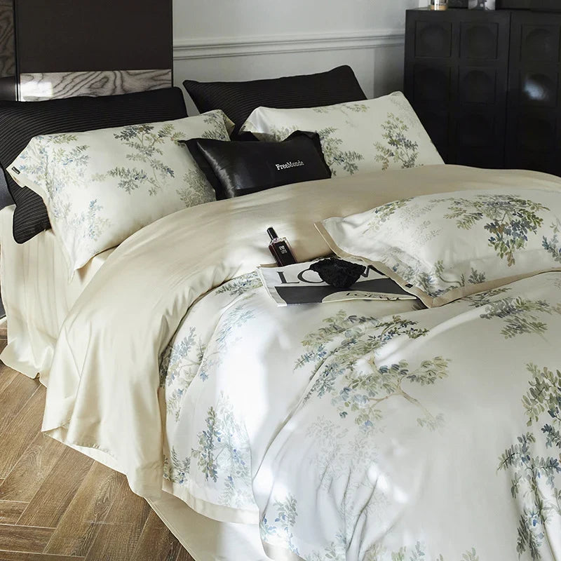 Bedding Set Cotton Satin Botanical Print Zipper Closure